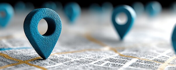 Blue location pins on a detailed map background showcasing navigation concepts