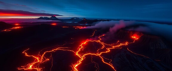 Night aerial of Litli Hrútur fissure eruption, glowing lava flows across Fagradalsfjall, Iceland, spectacular, glow