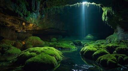 Deep cave with glowing moss, underground river, mysterious fantasy lighting