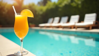 "Fresh Orange Juice Drink by Swimming Pool on Summer Vacation"