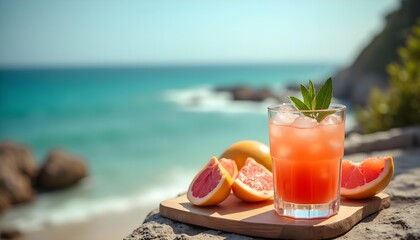 "Grapefruit Juice Drink with Cliffside Ocean View Café Setting"