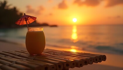 "Coconut Mango Cooler Drink with Tropical Sunset Ocean View"