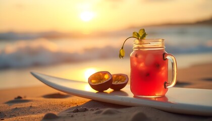 "Passion Fruit Juice Drink on Surfboard at Tropical Beach"