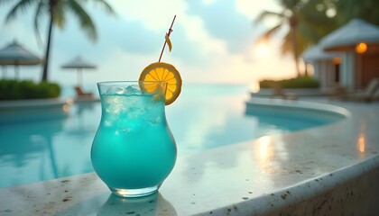 "Blue Lagoon Mocktail Drink at Luxury Resort Poolside Bar"
