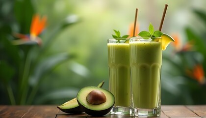 "Avocado Smoothie Drink in Tropical Garden Vacation Setting"