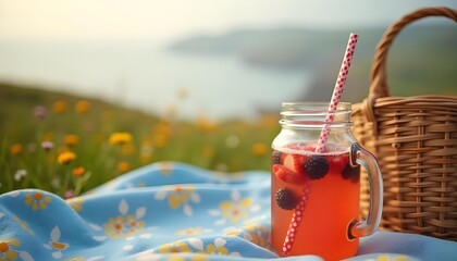 "Mixed Berry Juice Drink at Seaside Picnic on Summer Vacation"