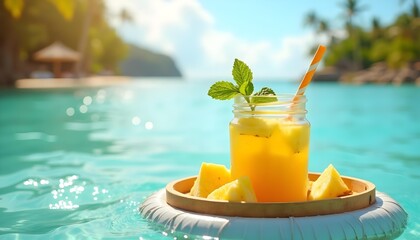 "Pineapple Mint Juice Drink on Private Island Tropical Beach"