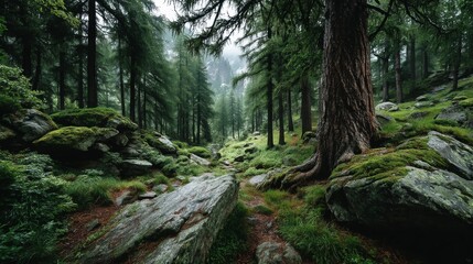 A lush green forest path winding through mosscovered rocks and tall trees, creating a serene natural landscape