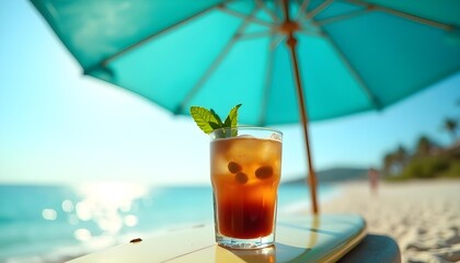 "Cold Brew Coffee Drink Under Beach Umbrella by Ocean"