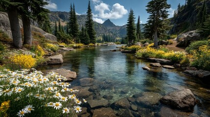 A crystalclear mountain lake reflecting the blue sky, surrounded by pine trees, wildflowers, and rocky shores