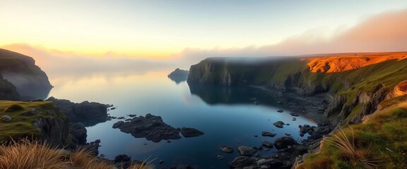 Serene coastal inlet at dawn, mist hangs over still water,  sea, bay