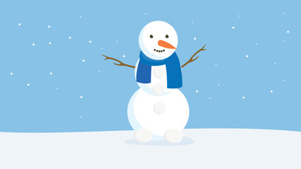 Snowman with scarf and hat on blue background. Vector illustration.
