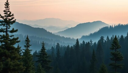 Naklejka premium Serene layered pine forest, misty mountains, paper cut style, hazy backdrop, evergreen trees, depth of field, texture, detail