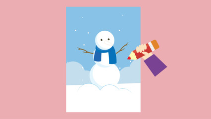 Snowman holding a bucket of water. Christmas card. Vector illustration
