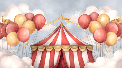 Colorful Circus Tent with Balloons Against a Cloudy Background