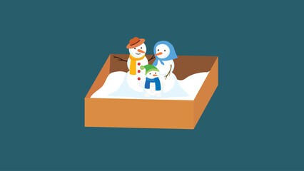 snowman family in a cardboard box. vector illustration in flat style