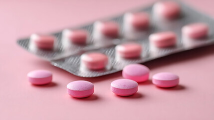 Pink Pills and Blister Pack on Light Pink Background Closeup