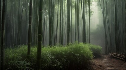 Dense bamboo forest with mist and ambient light, vertical lines, peaceful green background