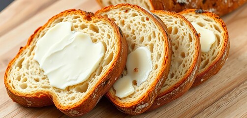 Sliced sourdough bread with pats of salted butter, cuisine, plate