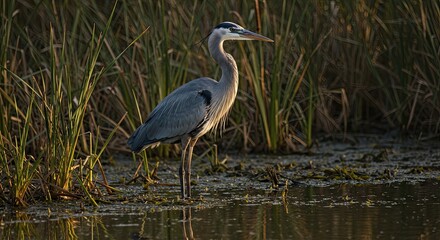 Gray Heron Standing in Calm Water with Tall Grass