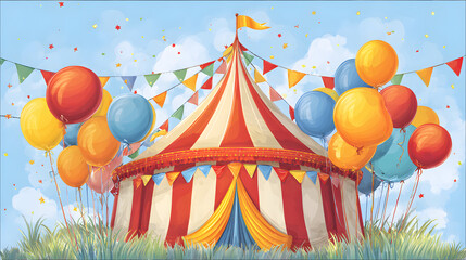 Colorful Circus Tent Surrounded by Balloons and Festive Bunting