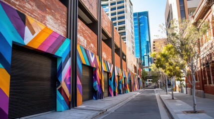 Fototapeta premium Vibrant street art adorns urban buildings in a bustling city, showcasing creativity and modern architecture