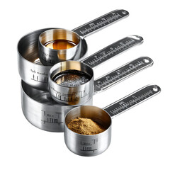  Set of stainless steel measuring cups designed for precise ingredient measurement, perfect for cooking and baking enthusiasts seeking accuracy and style.