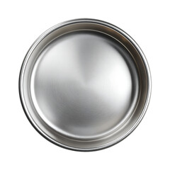  A sleek circular metal plate with a shiny reflective surface, perfect for showcasing culinary presentations in various settings such as home kitchens or restaurants.