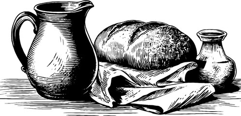 Rustic kitchenware and bread sketch - buttermilk jug and loaf illustration for retro design