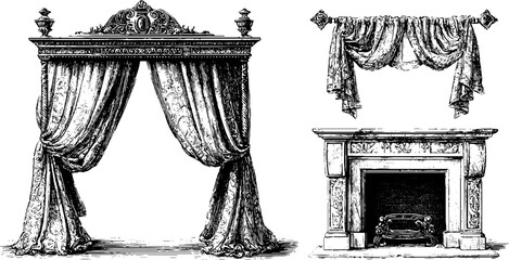 Fototapeta premium Vintage hand drawn engraving of carved canopy bed and fireplace set for retro interior design