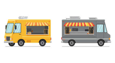 Two Food Trucks in Yellow and Gray Color Isolated on White Background