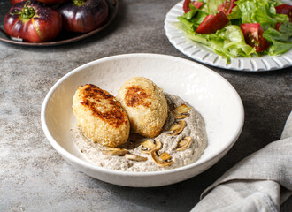 cutlets with mushroom puree and champignons