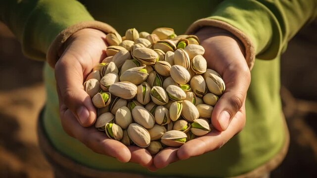 Hands holding a large handful of pistachio nuts in their shells with a blurred outdoor background