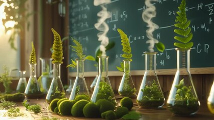 Laboratory glass flasks filled with green plants and moss emitting steam on wooden table in front of chalkboard with chemical formulas - Powered by Adobe