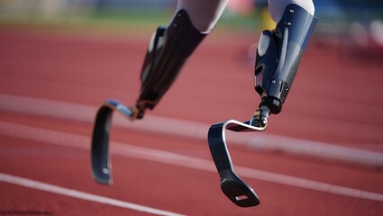 Disabled Athlete Running on Track with Prosthetic Legs Showing Strength and Determination in Sports Competition Focusing on Inclusivity