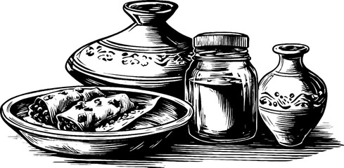 Vintage engraved illustration of enchiladas with traditional pottery for kitchen decor