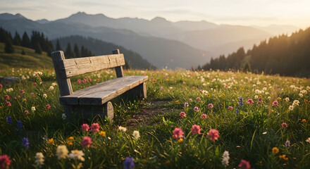 Rustic wooden bench nestled amidst vibrant alpine meadow at twilight, offering panoramic mountain vista and serene