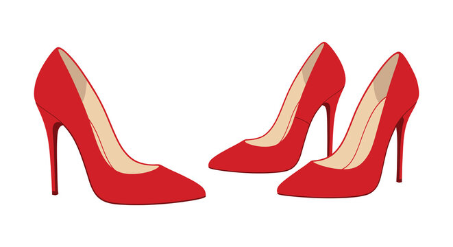 Three stylish red high heel shoes isolated on a white background