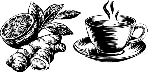 Engraved ginger root and citrus with steaming cup design for culinary projects