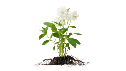 A white flowering plant displays its roots while thriving in nutrient-rich soil