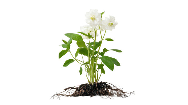 A white flowering plant displays its roots while thriving in nutrient-rich soil