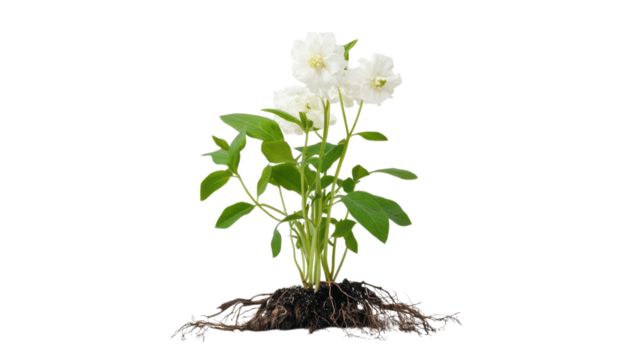 A white flowering plant displays its roots while thriving in nutrient-rich soil