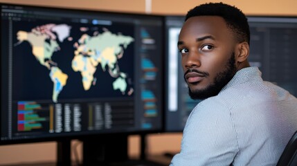 Young Professional Analyzing Global Data on Dual Computer Screens