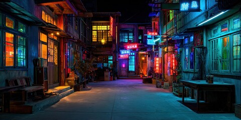 A cyberpunk street at night, with neon signs and holographic billboards.