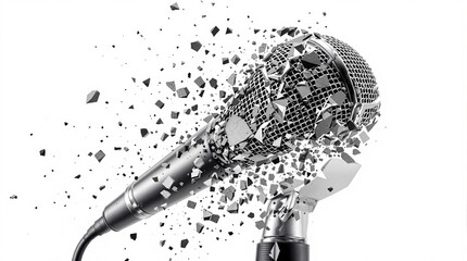 Shattered Microphone Exploding into Fragments, Representing Broken Sound, Lost Voice, or Powerful Audio Impact on White Background - Music and Comm...