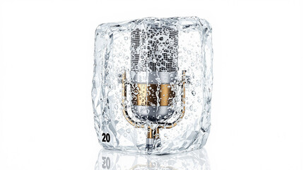 Professional Studio Microphone Encased in a Textured Ice Block, Isolated on a White Background, Representing Cold Sound, Silence, or Preserved Audi...
