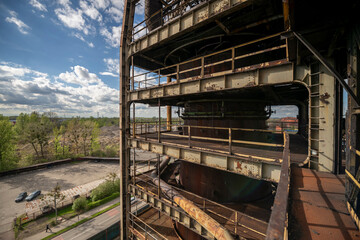 Abandoned Heavy Industrial Ruins with Large Blast Furnace in Steelworks