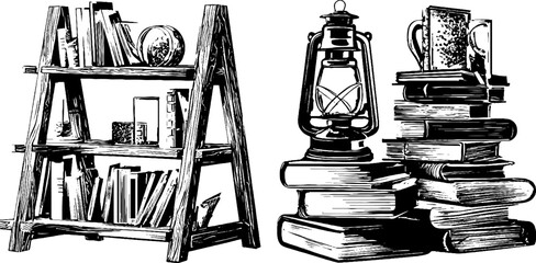 Fototapeta premium Rustic library treasures: engraved wooden bookshelf sketch and vintage books collection