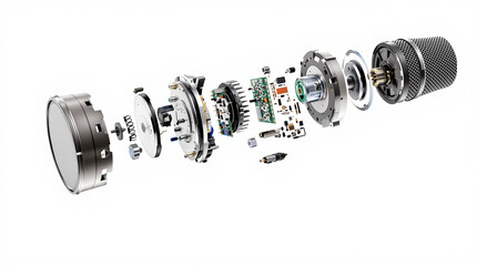 Exploded View of Advanced Technology Device Components on White Background, Showing Disassembled Internal Mechanism, Electronics, and Mechanical Parts
