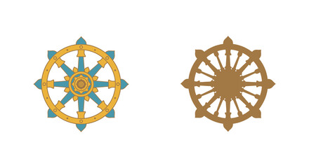 Two Dharmachakra Wheels Buddhist Symbols of Dharma and Enlightenment Isolated on White